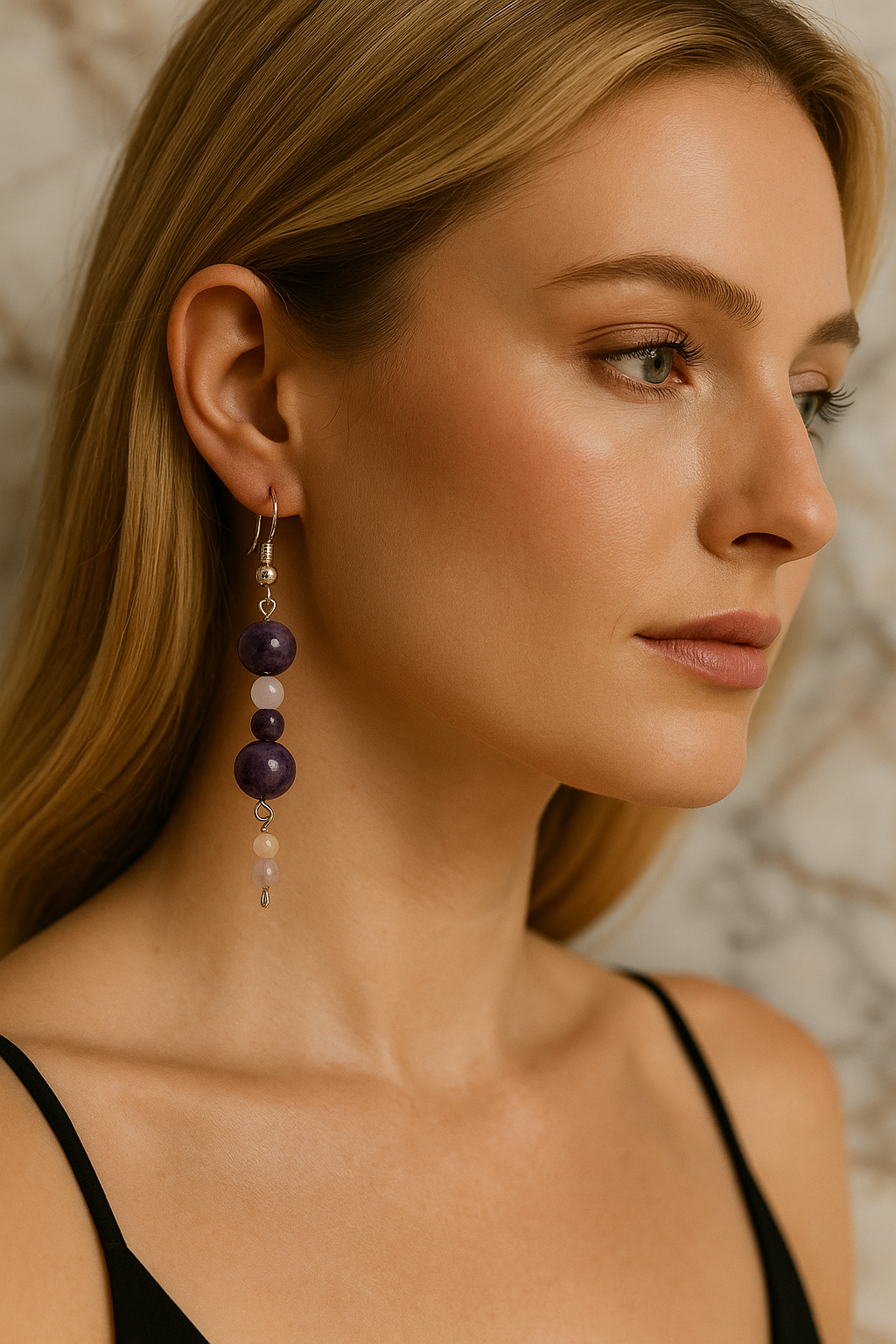 Détail pierres naturelles auralite quartz rose améthyste tons célestes