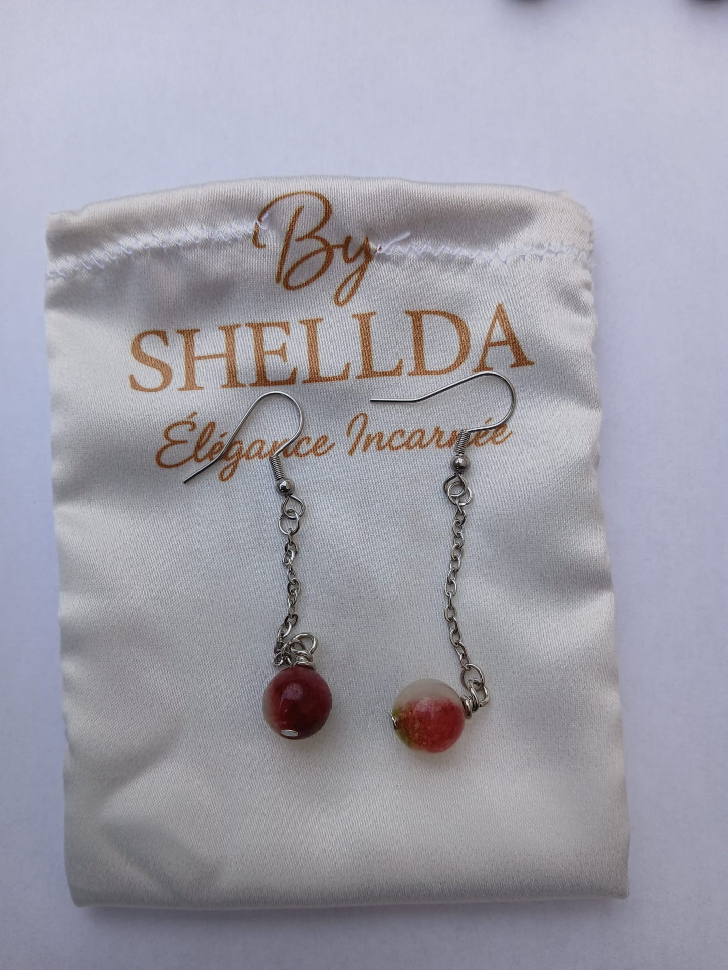 Boucles d'oreilles pendantes tourmaline pastèque acier 304 hypoallergénique