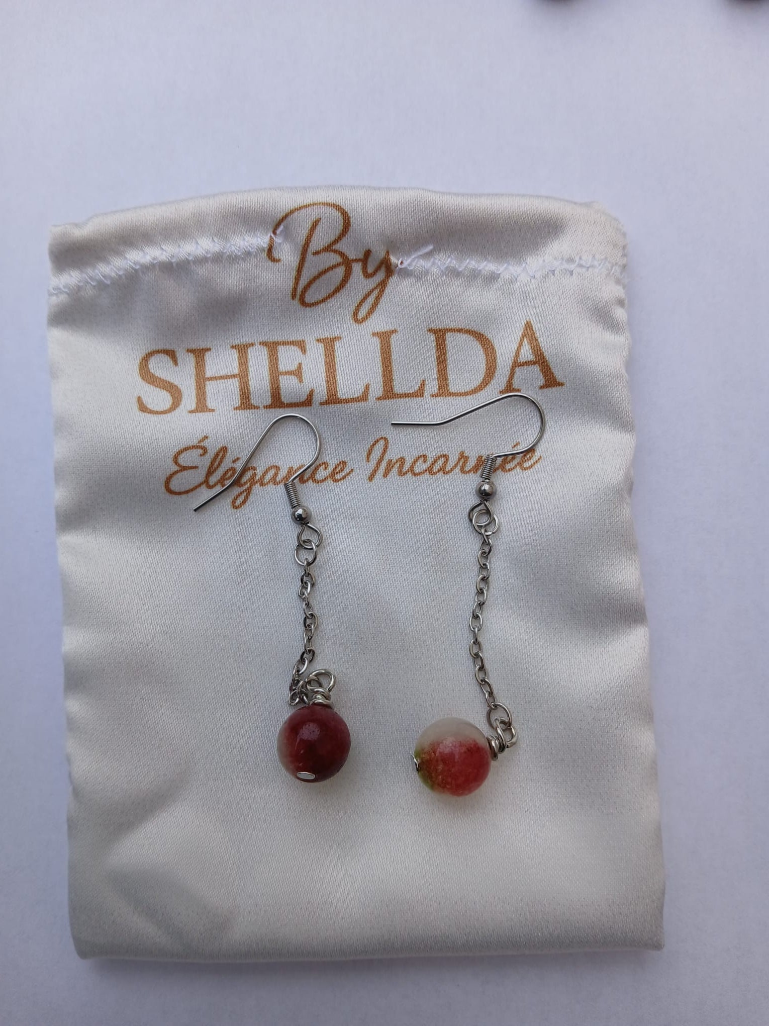 Boucles d'oreilles pendantes tourmaline pastèque acier 304 hypoallergénique