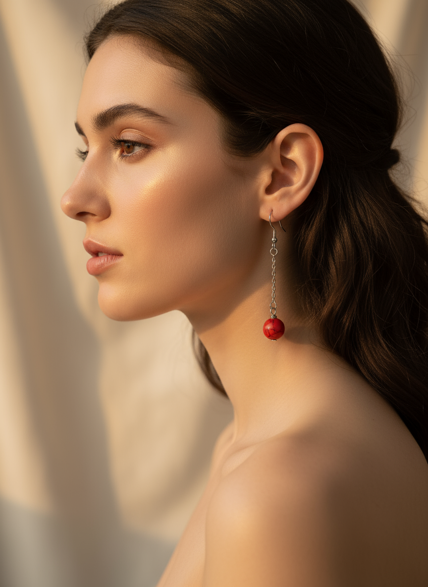 Mannequin portant les boucles d'oreilles en pierre rouge