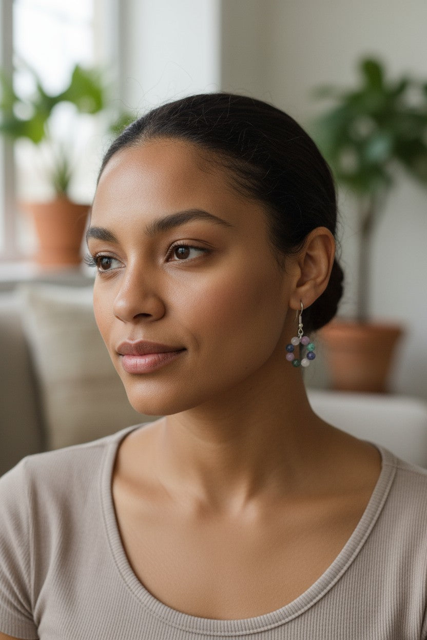 Vue complète boucles d'oreilles 4 pierres naturelles tons harmonieux
