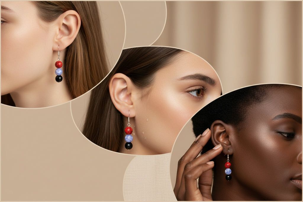 Gros plan sur les pierres Brasier Céleste, montage argent 925 et acier inoxydable 316L.