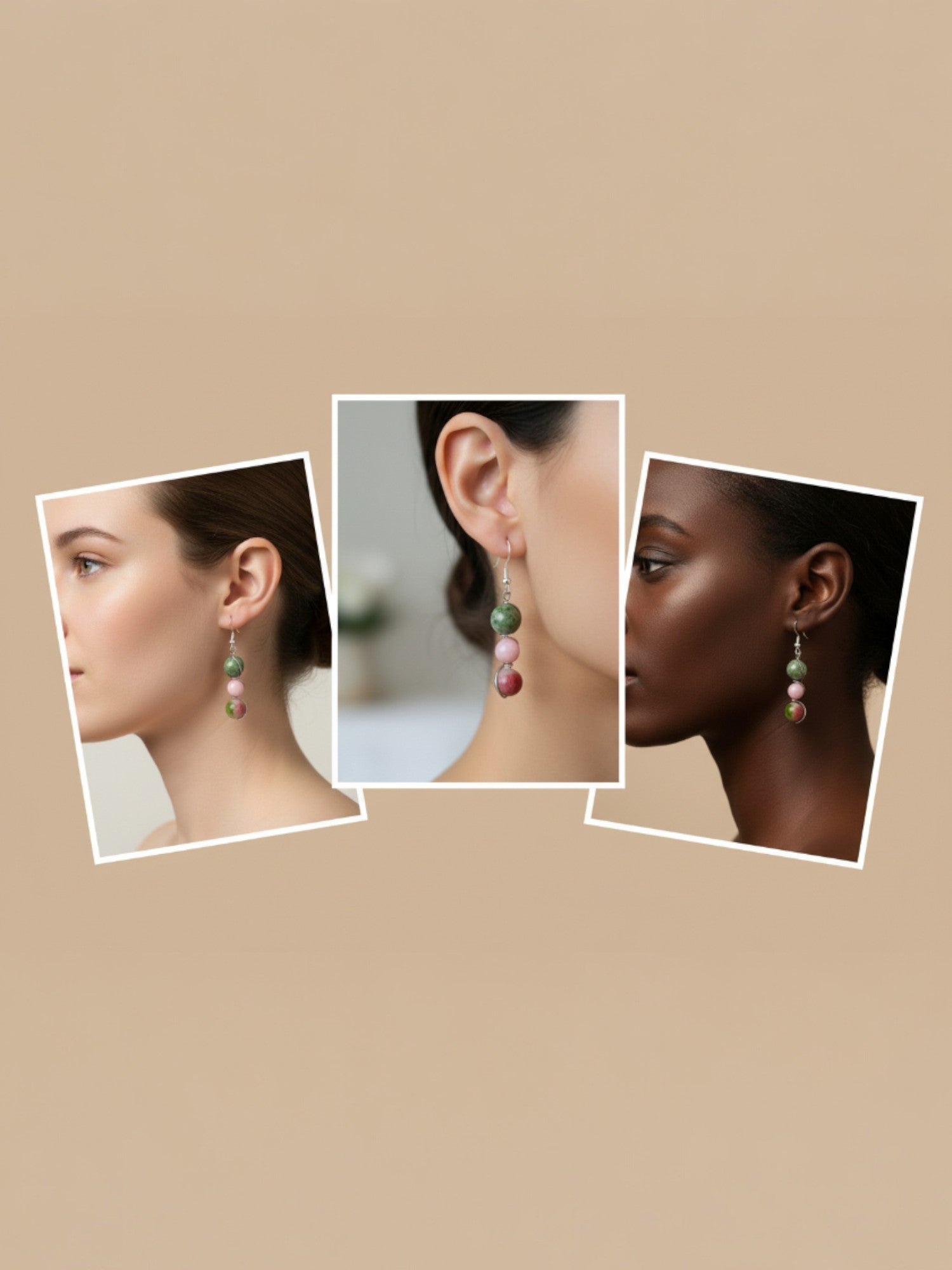 Boucles d’oreilles Éclat d’Âme BySHELLDA avec Agate Arbre, Tourmaline Pastèque et Chalcédoine Alxa, montage argent 925 hypoallergéniqueargent 925