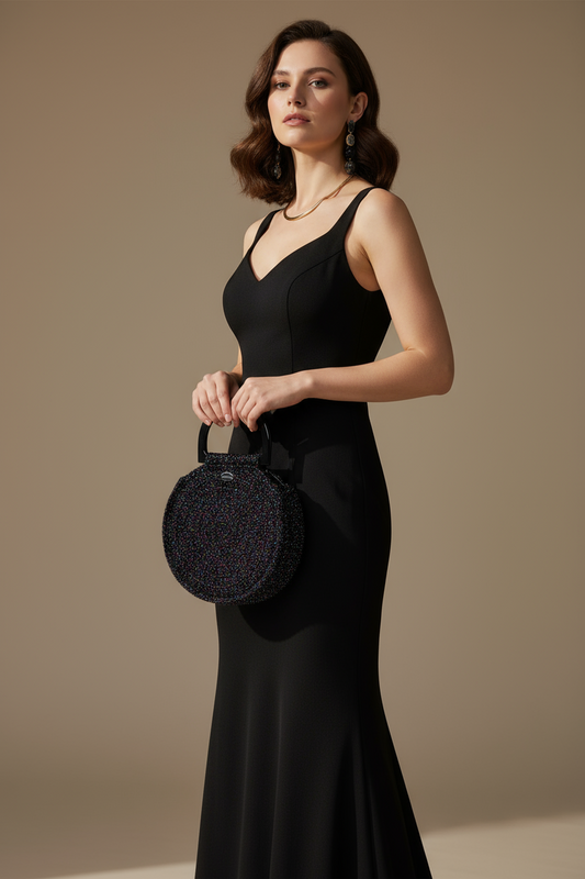 Sac de soirée rond au crochet noir lurex fait main BySHELLDA - vue de face