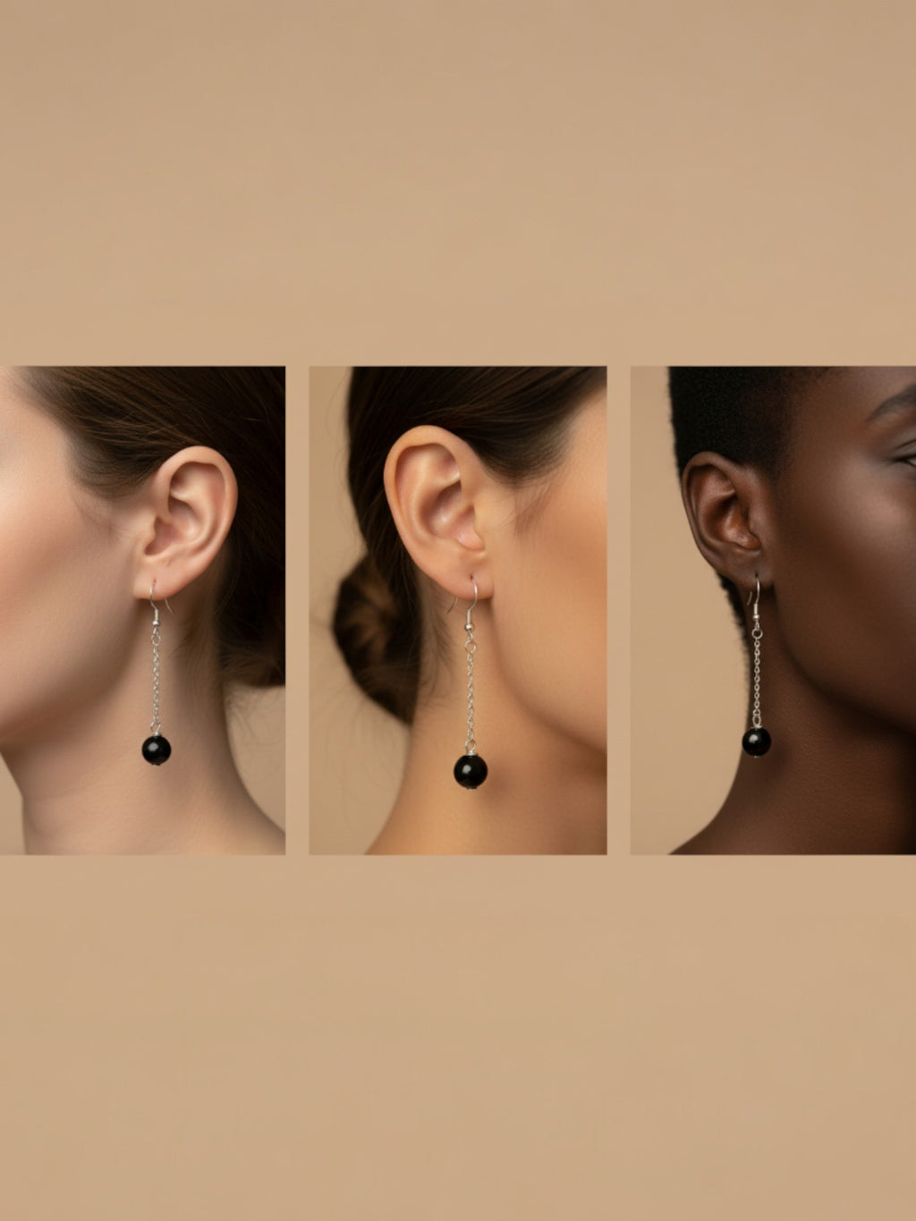 Boucles d’oreilles pendantes en agate noire naturelle BySHELLDA, perles rondes 10 mm sur crochets acier inoxydable 304 hypoallergénique.