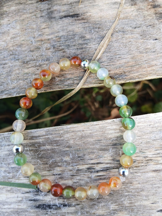 Bracelet artisanal en agate de paon naturelle aux reflets chatoyants avec séparateurs acier inoxydable  - BySHELLDA