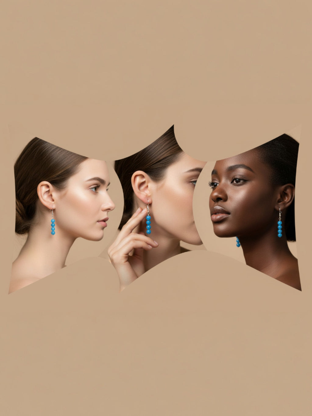 Boucles d'oreilles pendantes apatite bleue portées sur 3 tons de peau différents, vue profil trois-quarts et face, bijoux artisanaux BySHELLDA
