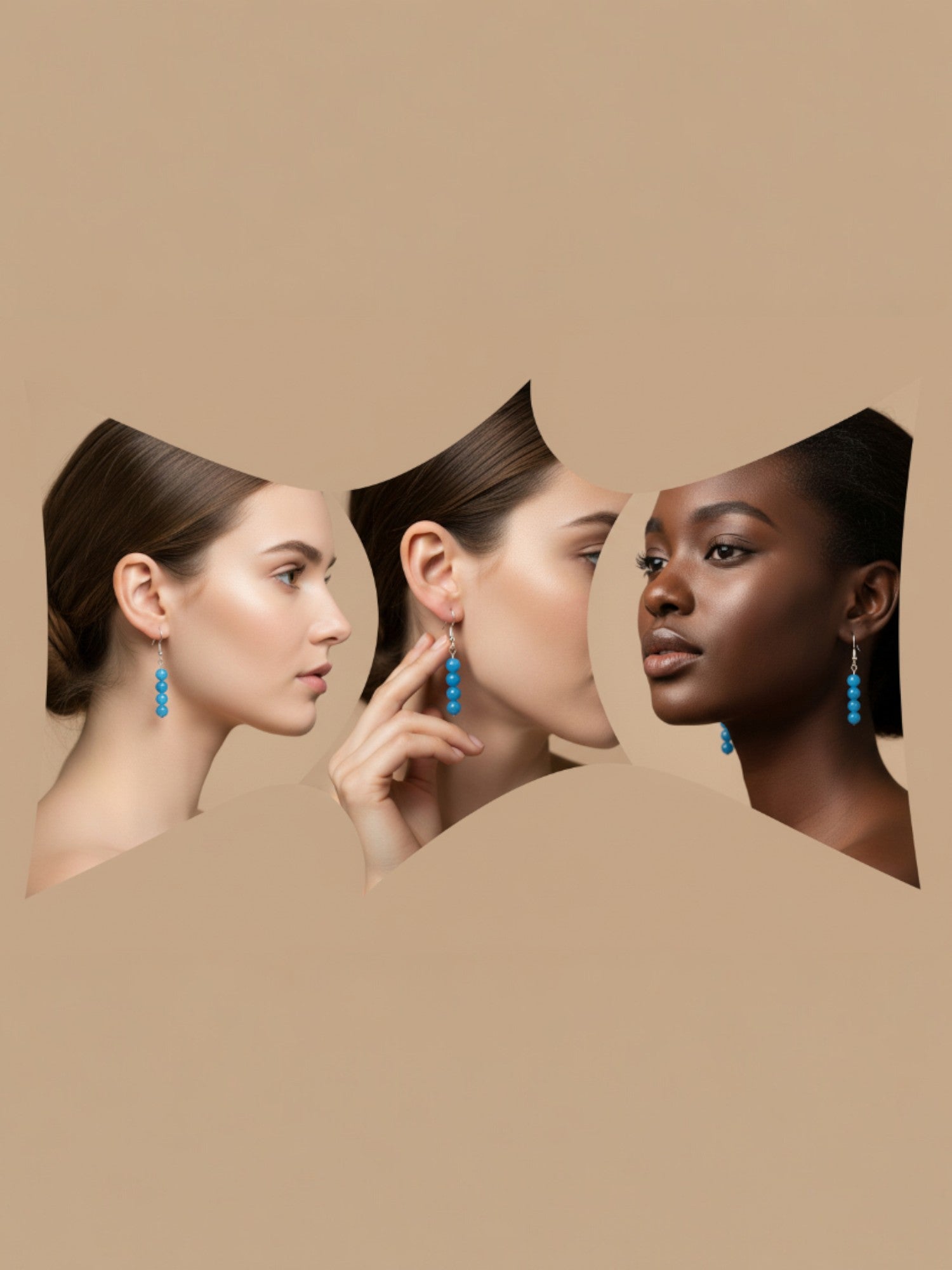 Boucles d'oreilles pendantes apatite bleue portées sur 3 tons de peau différents, vue profil trois-quarts et face, bijoux artisanaux BySHELLDA
