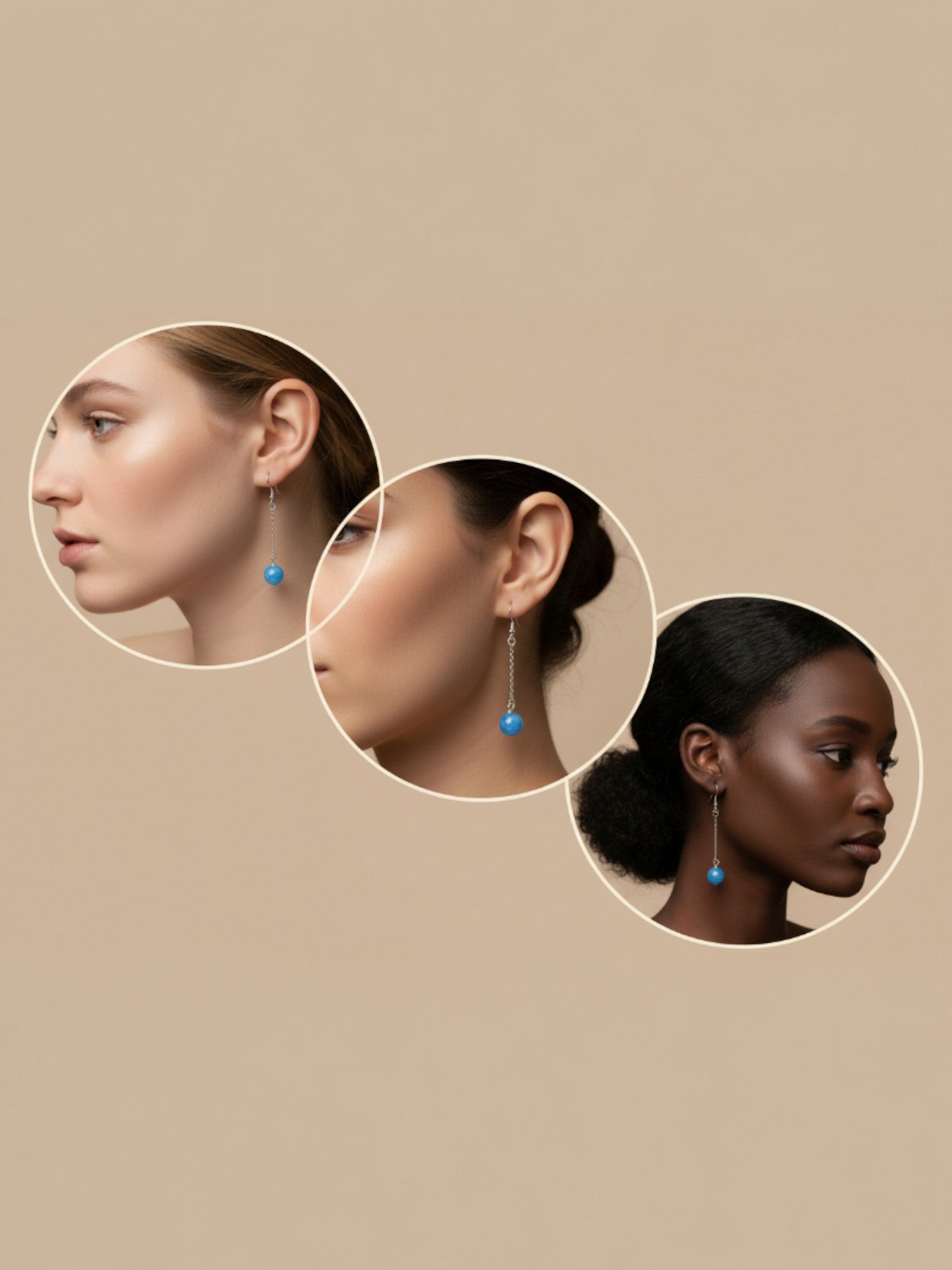 Boucles d'oreilles pendantes apatite bleue portées sur 3 tons de peau différents, composition circulaire profil, bijoux artisanaux BySHELLDA