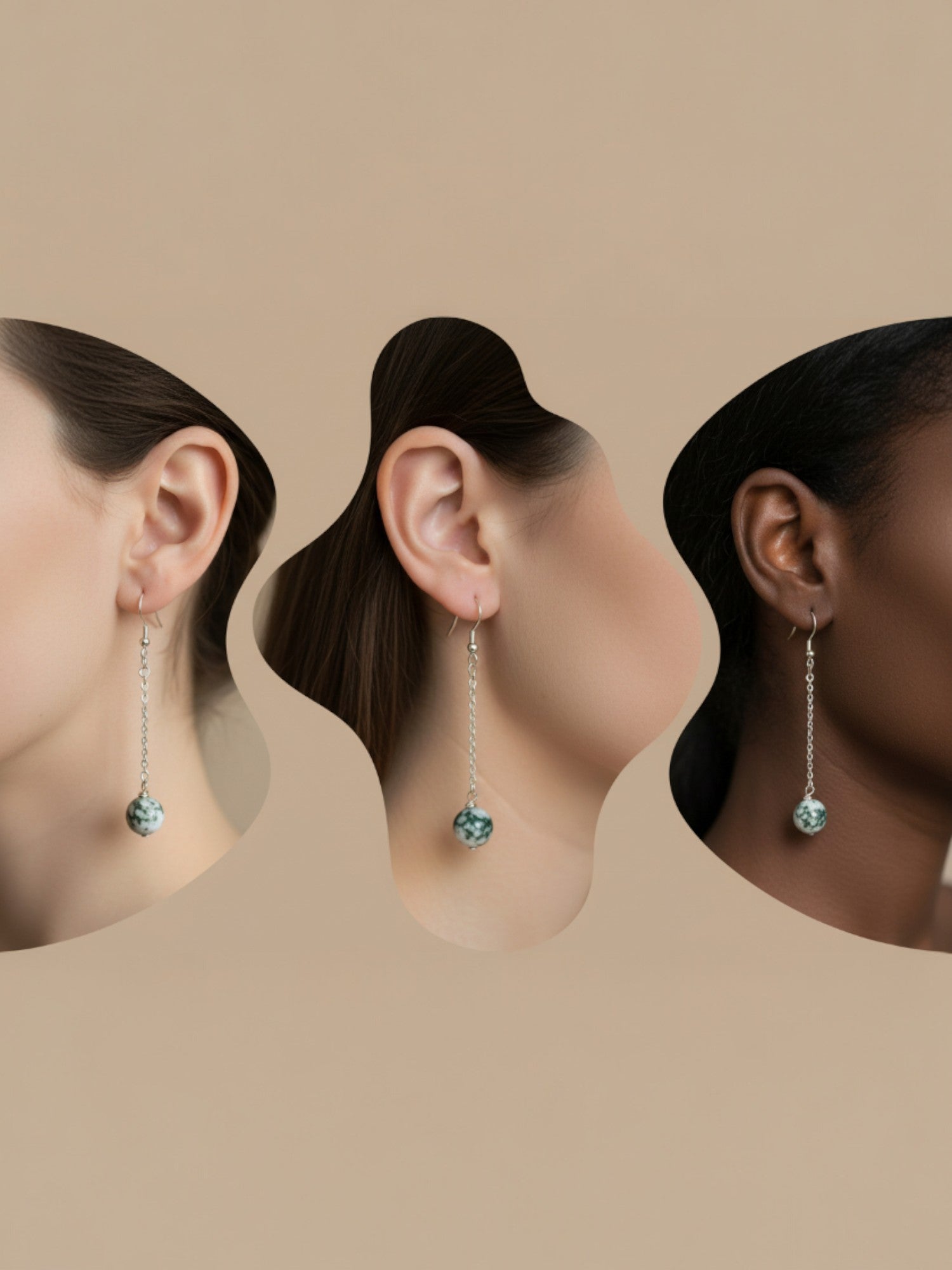 Boucles d'oreilles pendantes chaîne agate arbre turquoise portées sur 3 tons de peau différents, vue profil composition organique, bijoux artisanaux BySHELLDA