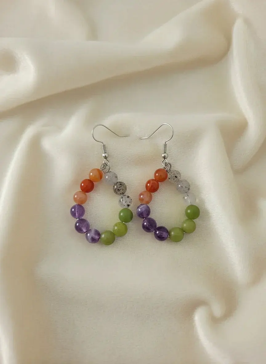 Boucles d'oreilles pitaya, jade vert et agate de feu sur tissu