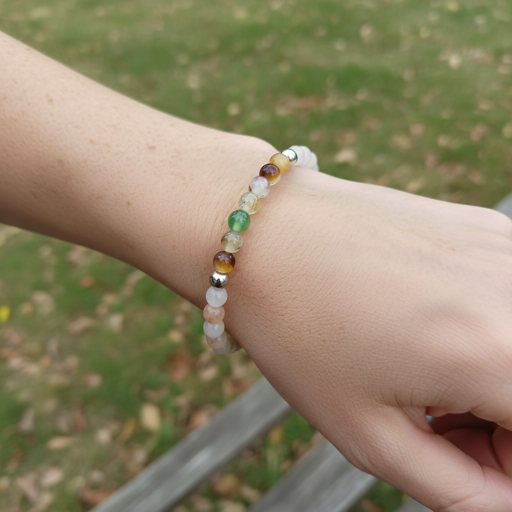 Bracelet agate de paon et aventurine fait main porté au poignet - perles naturelles bicolores harmonieuses et finitions acier inoxydable - BySHELLDA