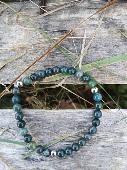 Bracelet artisanal en agate mousse naturelle aux inclusions vertes avec séparateurs acier inoxydable - BySHELLDA