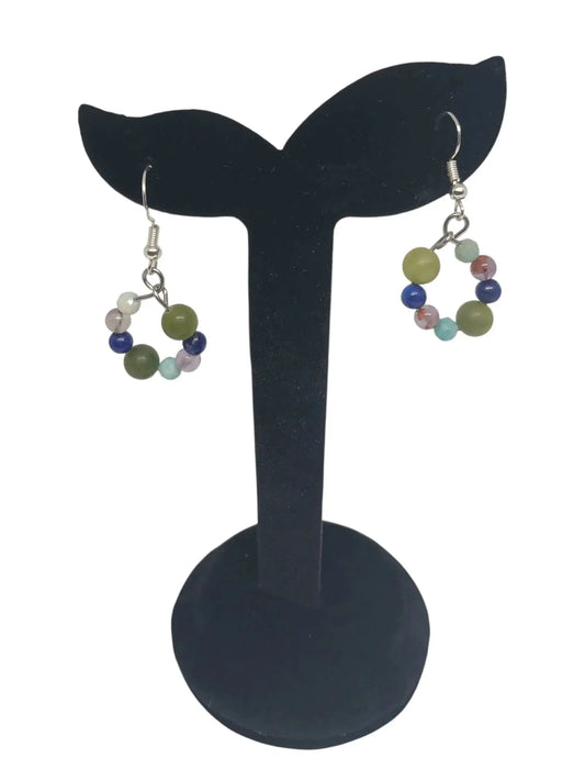 Boucles d’oreilles Clair de Lune BySHELLDA en Amazonite, Auralite, Jade vert et Lapis lazuli, monture argent 925 et acier inoxydable.