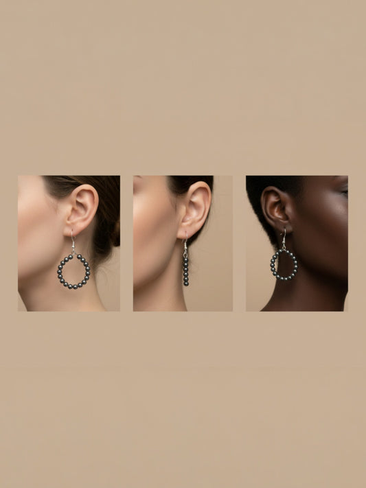 Boucles d’oreilles créoles en hématite naturelle BySHELLDA, perles argentées sur monture acier inoxydable 316L et crochets argent 925