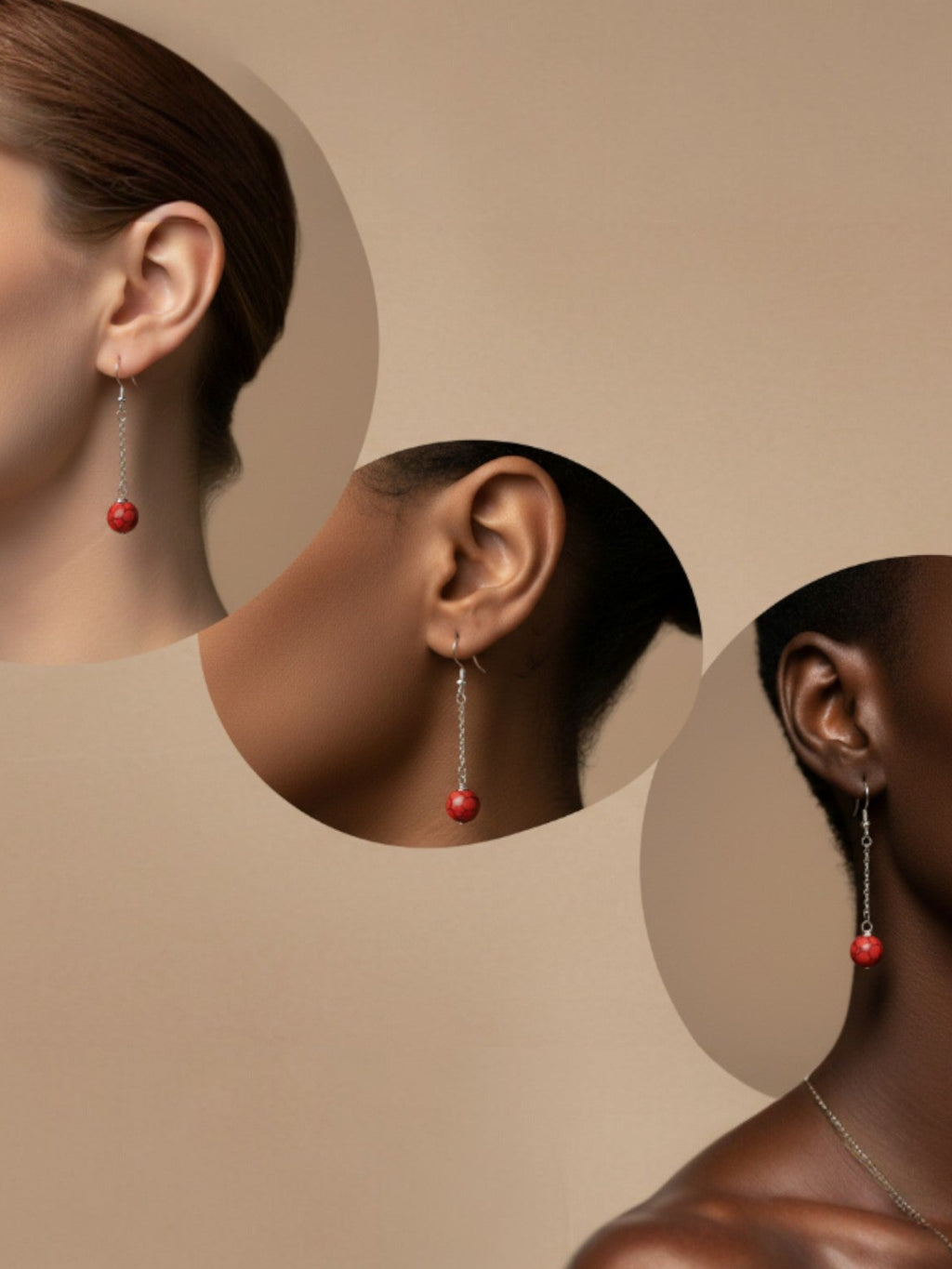 Boucles d’oreilles pendantes en howlite teinte rouge 10 mm BySHELLDA, monture acier inoxydable 304 hypoallergénique.