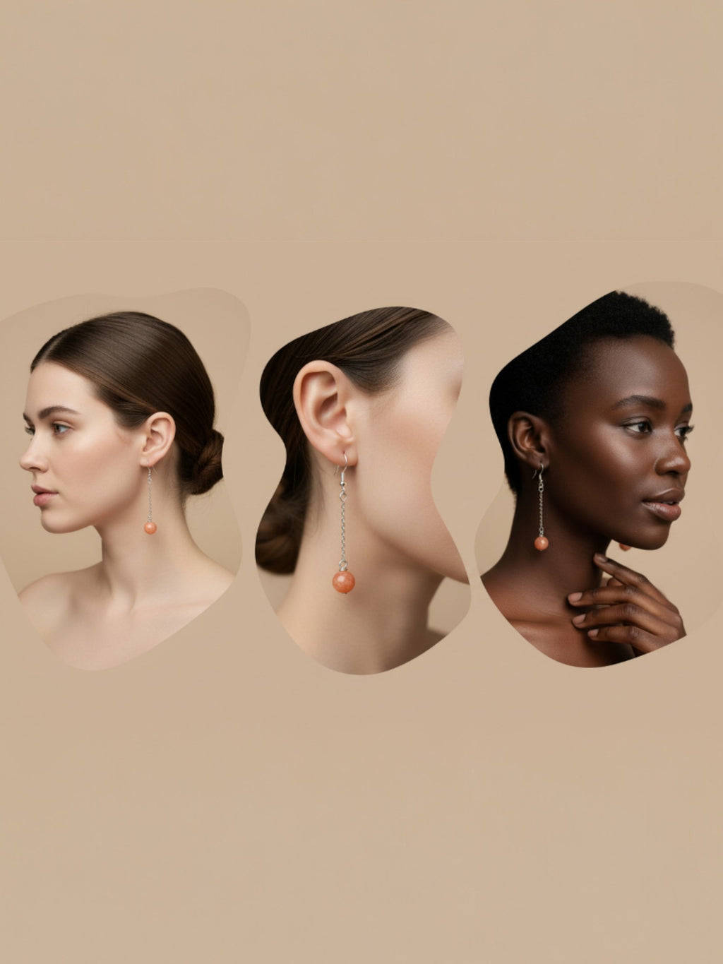 Boucles d'oreilles pendantes jaspe orange portées sur 3 tons de peau différents, vue profil composition organique, bijoux artisanaux BySHELLDA