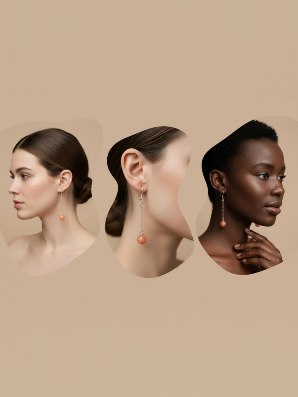 Boucles d'oreilles pendantes jaspe orange portées sur 3 tons de peau différents, vue profil composition organique, bijoux artisanaux BySHELLDA