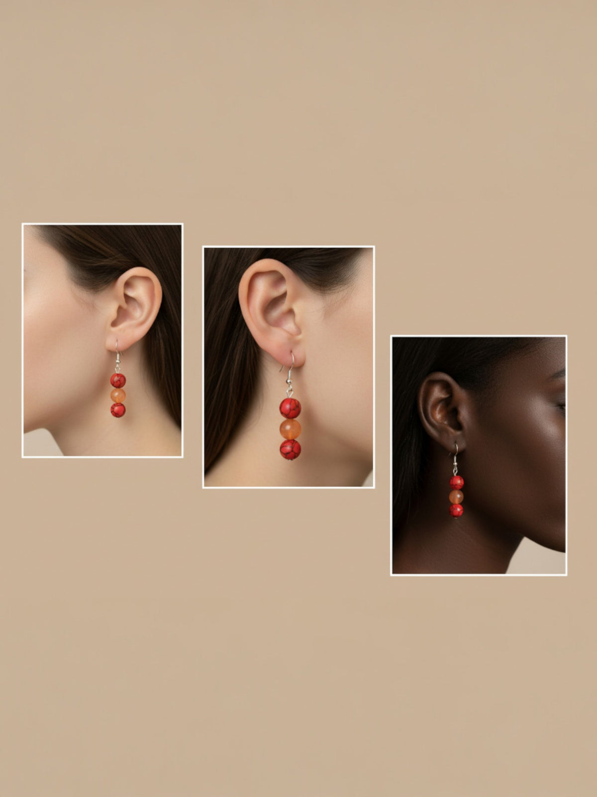 Boucles d'oreilles pendantes jaspe  orange  howolite rouge portées sur 3 tons de peau différents, composition rectangulaire moderne, bijoux artisanaux BySHELLDA
