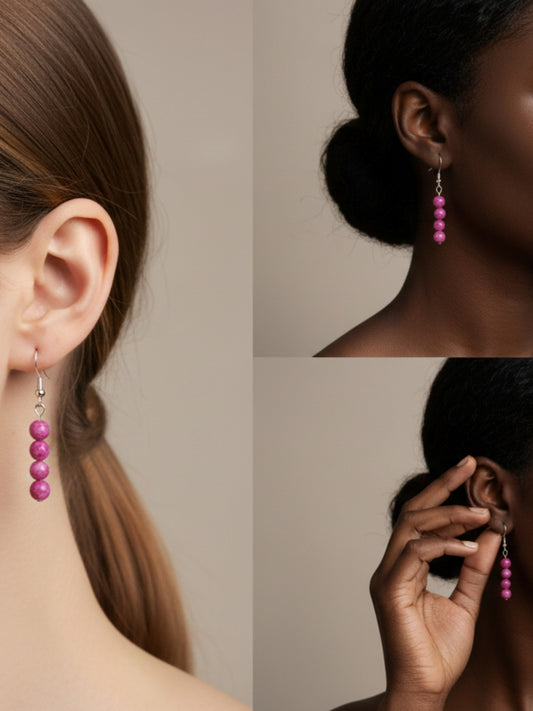 Boucles d'oreilles kunzite rose portées sur différents tons de peau, vue profil gros plan et trois-quarts, bijoux naturels BySHELLDA