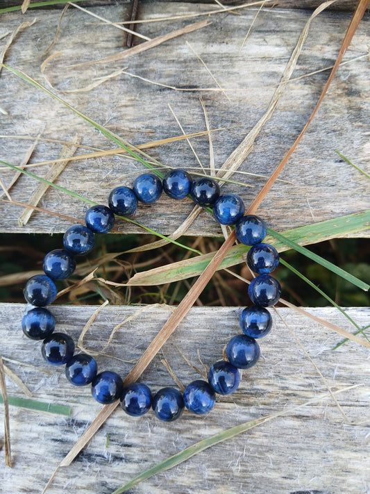 Bracelet artisanal lapis-lazuli bleu profond et œil de tigre bleu naturels avec séparateurs acier inoxydable - BySHELLDA