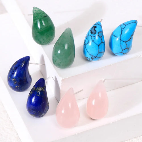 Boucles d'oreilles puces goutte argent 925, aventurine verte, turquoise, quartz rose et lapis-lazuli – vue 1 – BySHELLDA