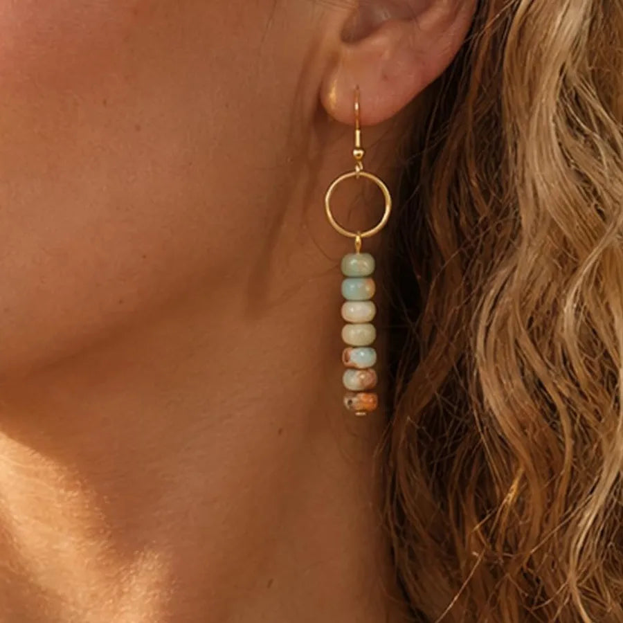 Boucles d’oreilles fantaisie bohème – amazonite, aigue-marine ou quartz rose – vue produit 3 – BySHELLDA