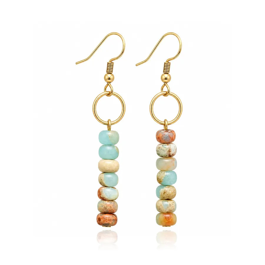 Boucles d’oreilles fantaisie bohème – amazonite, aigue-marine ou quartz rose – vue produit 1 – BySHELLDA