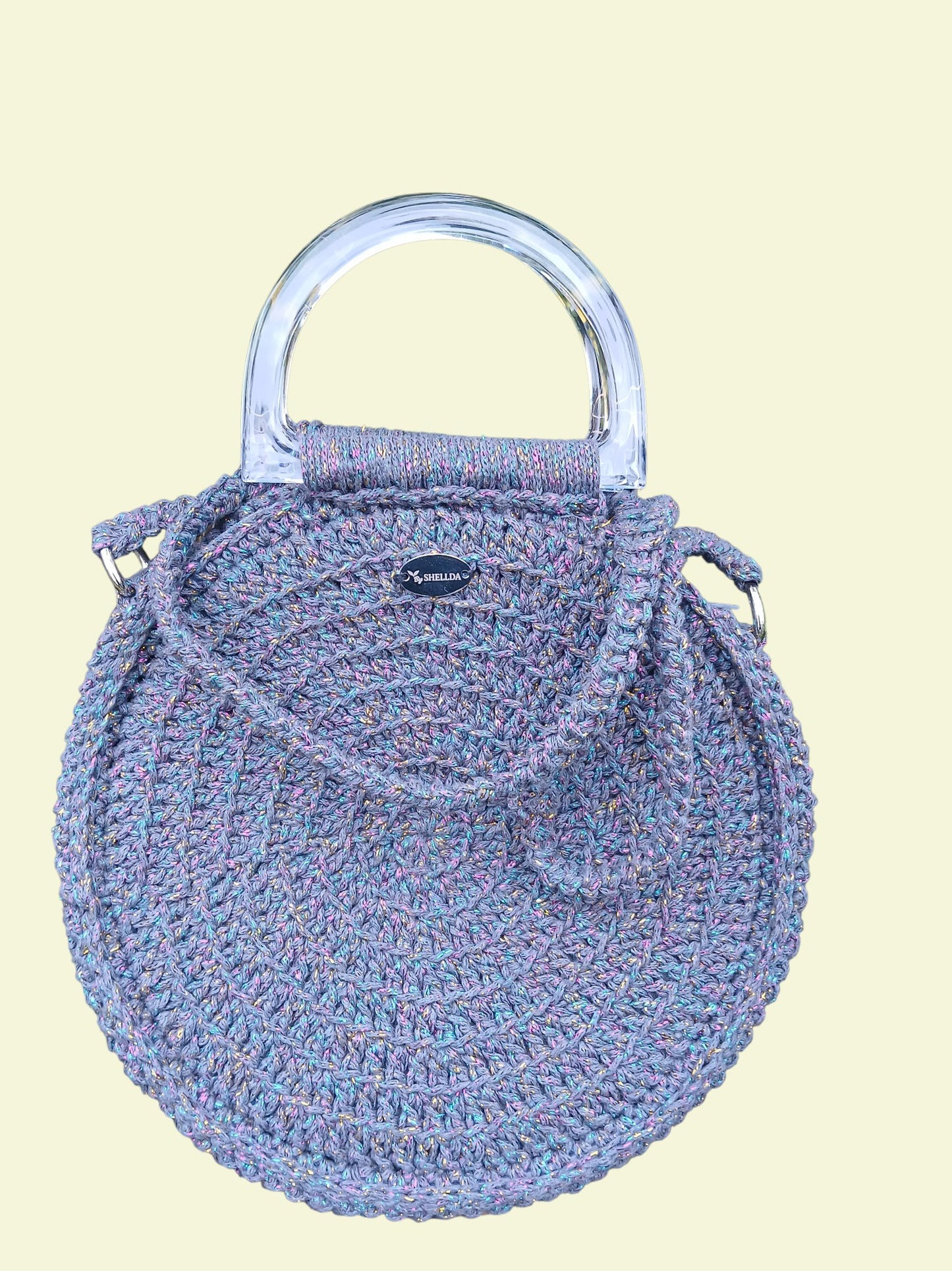 Sac de soirée rond au crochet gris lurex fait main BySHELLDA