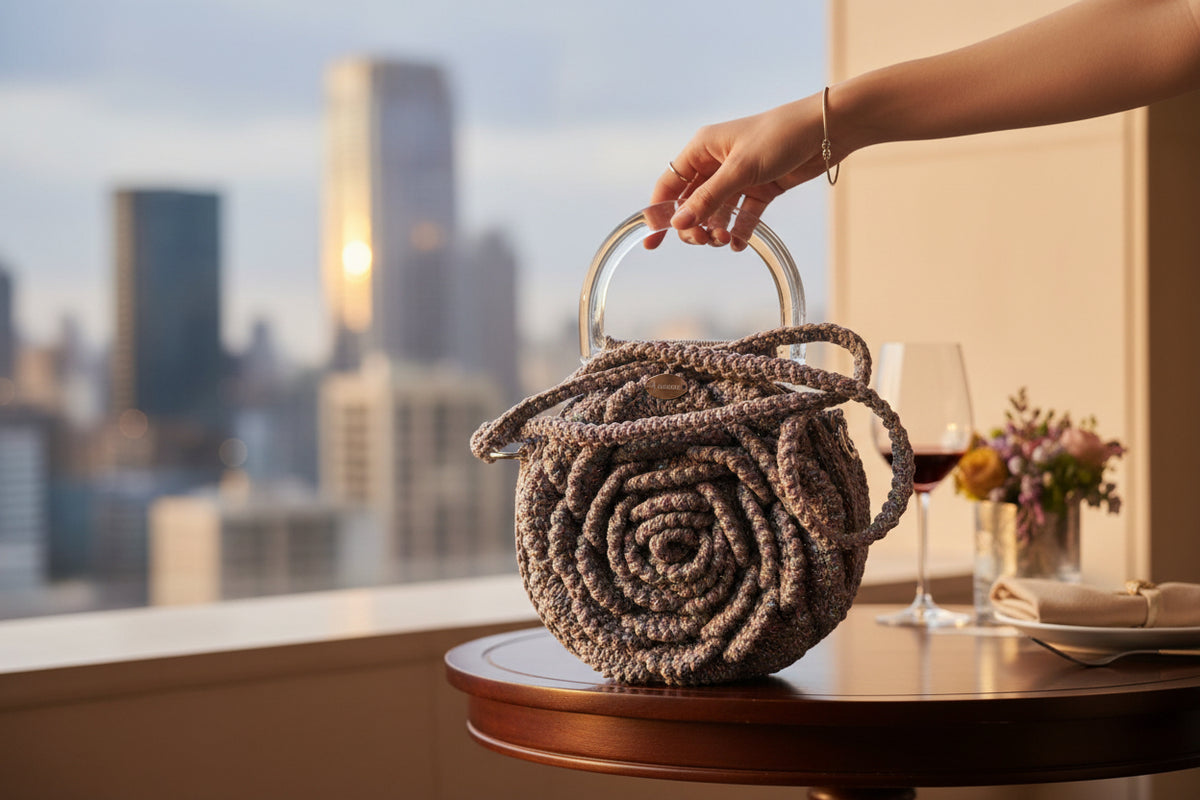 Sac de soirée Rosa Dorada gris crocheté main porté, accessoire élégant BySHELLDA
